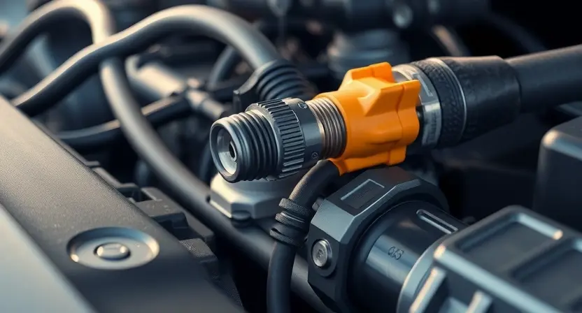 A close-up, detailed illustration of a car's engine bay, focusing on the coolant temperature sensor. The sensor should be clearly visible, with surrounding hoses and engine components in sharp focus. The overall lighting should be bright and clean, highlighting the sensor's details.