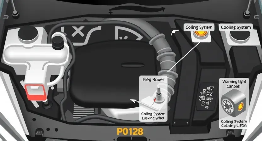 A high-quality technical illustration showing a car engine with a warning light on the dashboard indicating an error code P0128, with clear labels and diagrams of the cooling system components, clean and professional visual style