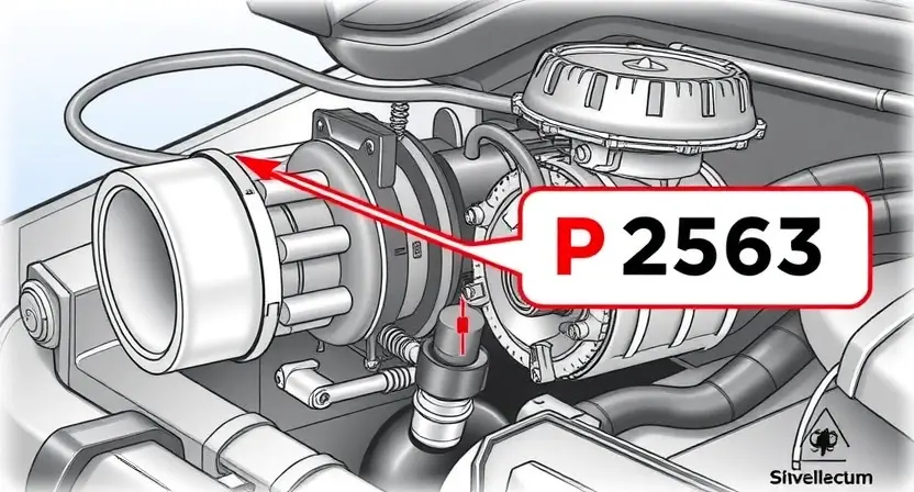 A detailed illustration of a turbine actuator with a focus on the P2563 error. Show a close-up of the actuator, highlighting potential issues like a faulty sensor or wiring. Include visual cues representing the error code P2563, such as a warning symbol or a diagnostic display. The background should be a clean, technical environment, possibly a workshop or engine bay.