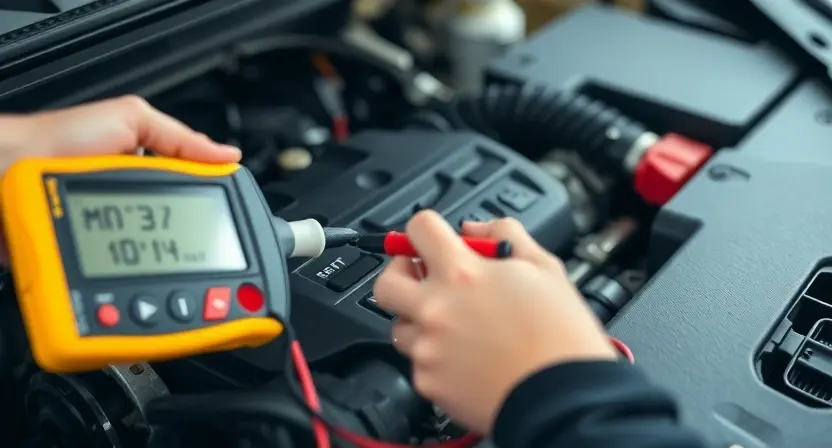 A close-up shot of a car engine bay with a mechanic using a multimeter to test a sensor. The sensor is clearly visible, and the multimeter probes are connected to it. Focus on the sensor and the diagnostic process. The engine bay should be clean and well-lit, showcasing the components.