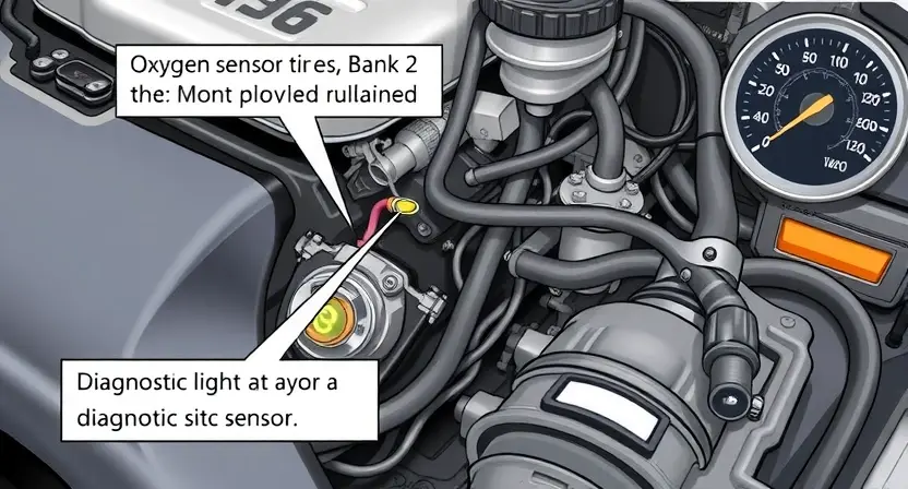 A detailed illustration of an automotive engine bay, specifically focusing on the area around the oxygen sensor in Bank 2. The image should depict the sensor itself, wiring, and potentially a diagnostic tool connected to the sensor, highlighting the potential issue. The engine should be partially visible, showing components like the intake manifold and exhaust system. Focus on visual cues indicating a problem, such as a slightly discolored sensor or a diagnostic light illuminated on a nearby das