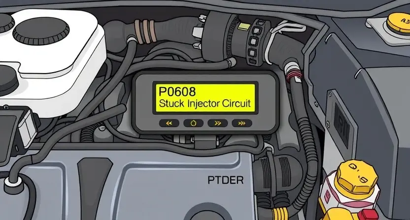 A detailed illustration of a car's engine bay, focusing on the diagnostic trouble code (DTC) reader displaying "P0608 - Stuck Injector Circuit". The engine should be partially visible, showing various components like hoses, wires, and sensors. The DTC reader should be clearly legible, with the code highlighted.