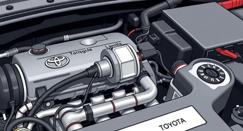 A detailed illustration of a Toyota car engine bay, focusing on the oxygen sensor (lambda sensor) and its heating element. The sensor should be clearly visible, with wires and connections highlighted. The background should be slightly blurred to emphasize the sensor.