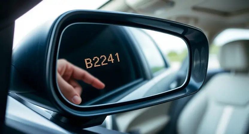 A detailed close-up of a car's side mirror with a visible error code display showing B2241, indicating a malfunction. The mirror should be slightly blurred to emphasize the error code. The background should feature a generic car interior with a focus on the dashboard and driver's seat.
