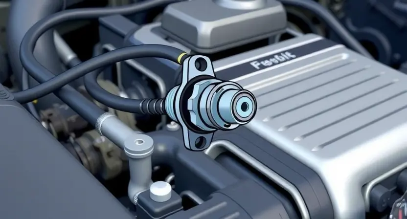 A close-up, detailed illustration of a car engine bay with a highlighted oxygen sensor. The sensor should be clearly visible, with wires connected to it. The background should show other engine components, but the focus is on the sensor itself. The overall lighting should be bright and clean, emphasizing the sensor's details. The image should convey a sense of technical precision and automotive repair.