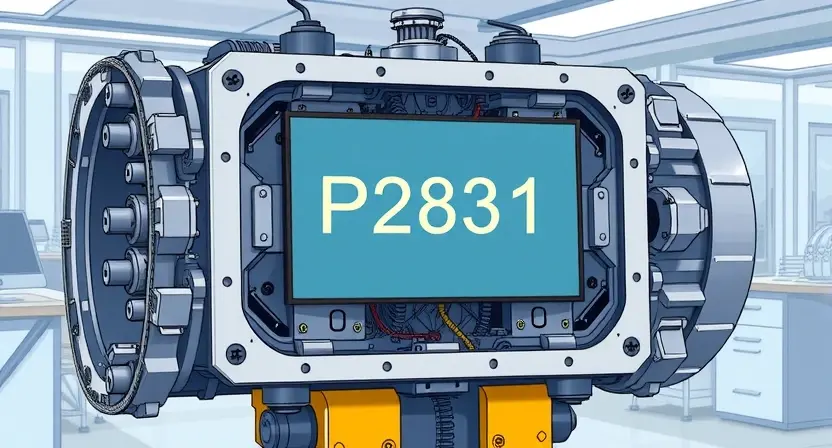A detailed illustration of a robotic transmission box with a highlighted error code P2831. The box should be complex, with visible gears, actuators, and sensors. The error code should be displayed on a screen within the box, clearly visible. The background should be a clean, technical environment, possibly a workshop or laboratory.