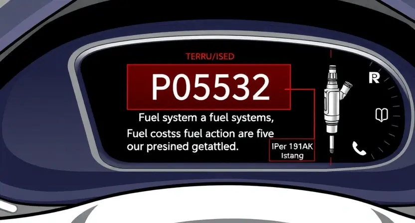 A detailed illustration of a car's diagnostic interface displaying the error code P0532. The interface should show the code prominently, along with a brief explanation of the code's meaning related to a fuel system issue. Include visual cues representing fuel injectors and related components.