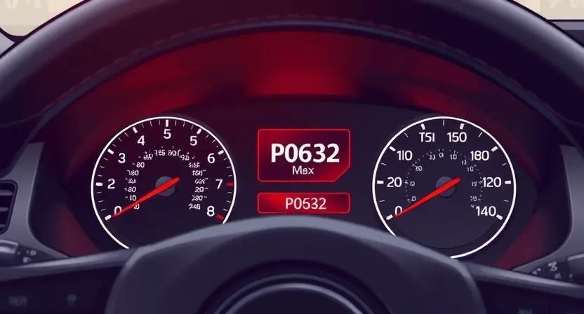 A detailed illustration of a car's dashboard with a P0632 error code displayed on the instrument cluster. The dashboard should be realistically rendered, showing various gauges and controls. Focus on the error code being prominently visible.