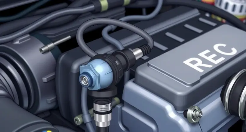 A close-up, detailed illustration of an automotive engine bay with a focus on the oxygen sensor and related wiring. The sensor should be clearly visible, along with the wiring harness connecting it to the engine control unit (ECU). Include subtle visual cues indicating a potential voltage issue, such as slightly corroded wiring or a faint visual representation of fluctuating voltage. The background should be blurred to emphasize the sensor and wiring.