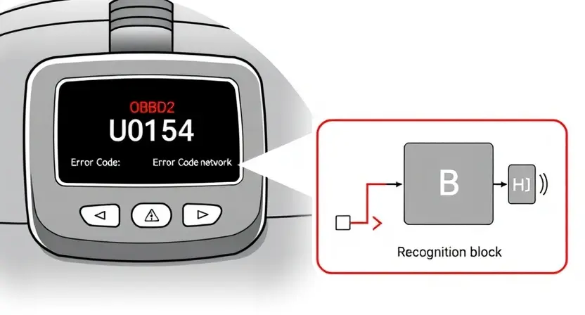 A high-quality technical illustration showing a vehicle's OBD2 diagnostic scanner displaying error code U0154, with a schematic of a car's communication network highlighting the recognition block and a broken connection line, clean lines, technical diagram style, no text or numbers on image