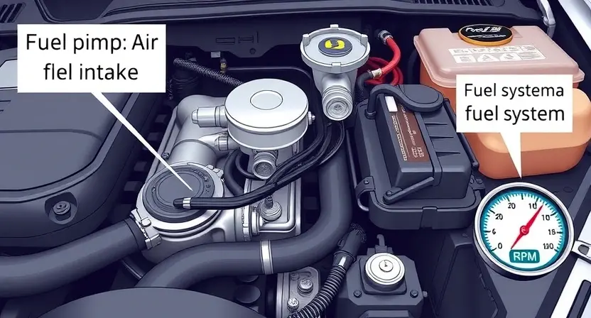 A detailed illustration of a car engine bay, focusing on the fuel system. Show a fuel pump, fuel lines, and a potential air intake leak. Include visual cues representing air entering the system and a gauge indicating low engine RPM.