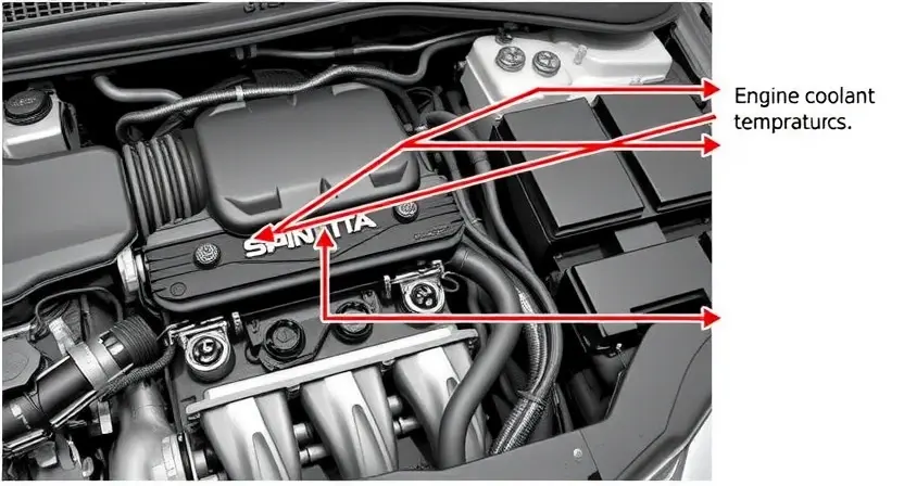 A detailed diagram illustrating the engine coolant temperature (IAT) sensor and its associated wiring within a car's engine bay. Highlight the sensor's location, wiring connections, and the engine block. Include arrows indicating the flow of coolant and electrical signals. Focus on clarity and technical accuracy.