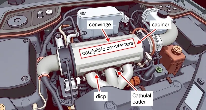 A detailed illustration of an automotive engine bay, focusing on the catalytic converter and related components. The catalytic converter should be prominently displayed, with clear labeling indicating its function. Wires and hoses should be visible, but not overly cluttered. The overall aesthetic should be clean and informative, suitable for a technical guide.