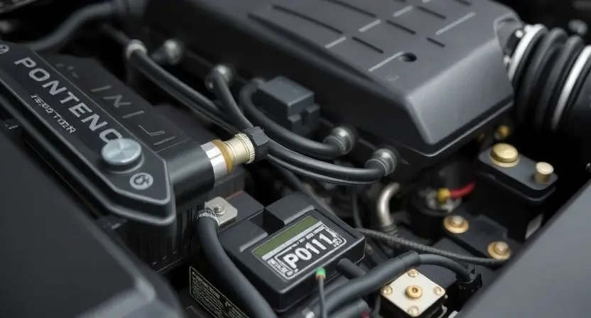 A close-up, detailed image of a car's engine bay. Focus on the engine coolant temperature sensor and its wiring. The engine should be clean and well-maintained. Include a subtle visual representation of a diagnostic code (like a faint, stylized 'P0111' overlay) near the sensor, but without any text or letters. The overall impression should be technical and informative, suggesting troubleshooting.