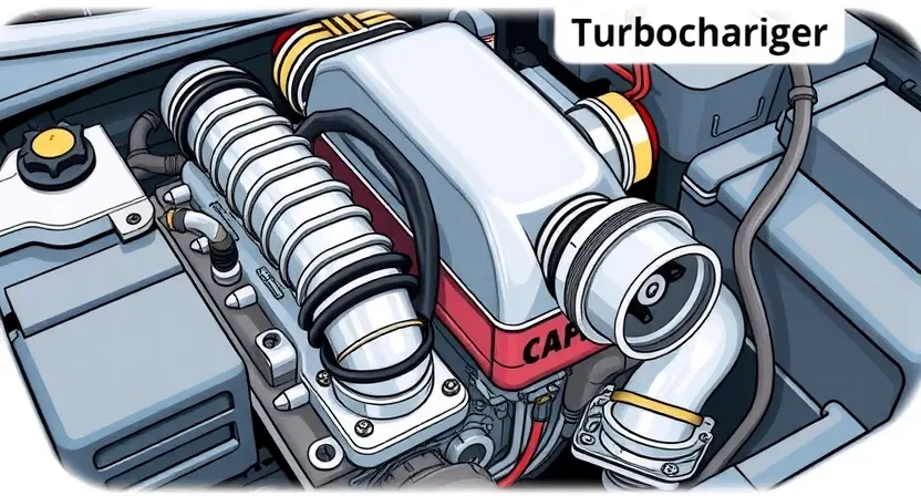 A detailed illustration of a car engine bay, focusing on the turbocharger and its associated components. The image should clearly show the pressure sensor, intake manifold, and turbocharger's piping. The engine should be in a realistic, slightly detailed style, showcasing the components' textures and metallic surfaces.