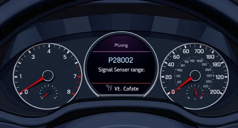 A detailed illustration of an automotive dashboard with a diagnostic screen displaying an error message "P2802: Low signal sensor range transmission". The dashboard should show various gauges and indicators, highlighting the error message. The background should be a realistic car interior setting.