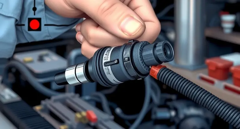 A close-up, detailed illustration of an oxygen sensor being inspected by a mechanic. The sensor should be clearly visible, with wires connected. The background should be a slightly blurred automotive repair shop environment. Focus on the sensor's components and connections.