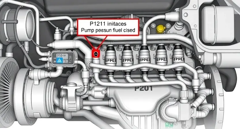 A detailed illustration of a Ford PowerStroke diesel engine's fuel injection system, highlighting the P1211 error code indicator. Focus on the high-pressure fuel pump, fuel lines, and injectors. Include subtle visual cues representing potential causes like fuel contamination or pump malfunction.
