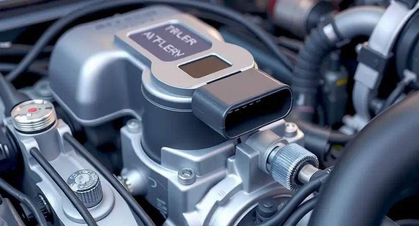 A close-up, detailed illustration of an engine bay with a focus on the mass airflow sensor (MAF sensor). The sensor should be clearly visible, with surrounding engine components subtly in focus. Wires connecting to the sensor should be neatly arranged. The overall lighting should be bright and clean, emphasizing the sensor's details. The background should be slightly blurred to keep the focus on the MAF sensor.