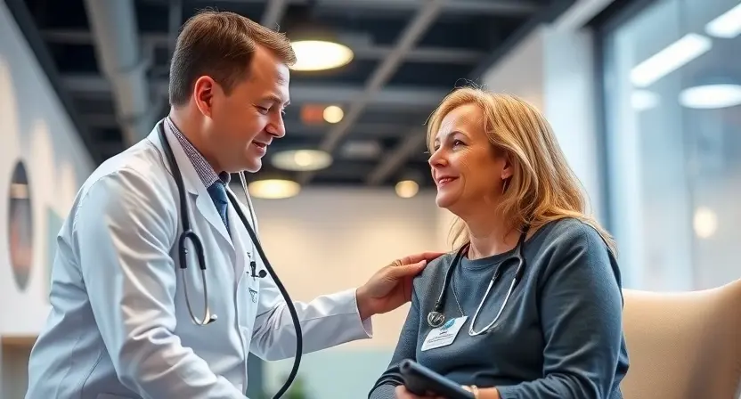 A medical professional examining a patient in a brightly lit, modern clinic. The patient is seated comfortably, and the professional is using a stethoscope. Focus on conveying a sense of care and concern.