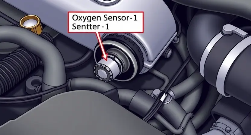 A close-up, detailed illustration of a car engine bay, highlighting the oxygen sensor (sensor 1) and its location on the exhaust manifold. Include relevant engine components like hoses and wires, but keep the focus on the sensor itself. The image should convey a sense of technical precision and clarity.
