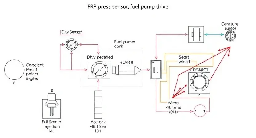 A detailed schematic diagram of an engine fuel injection system, highlighting the P0257 error code and its associated components (FRP pressure sensor, fuel pump drive). Include visual representations of the sensor, the drive mechanism, and the relevant wiring. The diagram should clearly illustrate the circuit connections and potential points of failure.