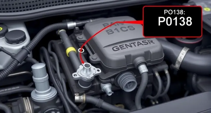 A detailed illustration of an automotive engine bay, focusing on the oxygen sensor and its wiring. The sensor should be clearly visible, along with the wiring harness and connectors. Include a visual representation of the P0138 error code displayed on a dashboard or diagnostic screen. The background should be slightly blurred to emphasize the engine components.