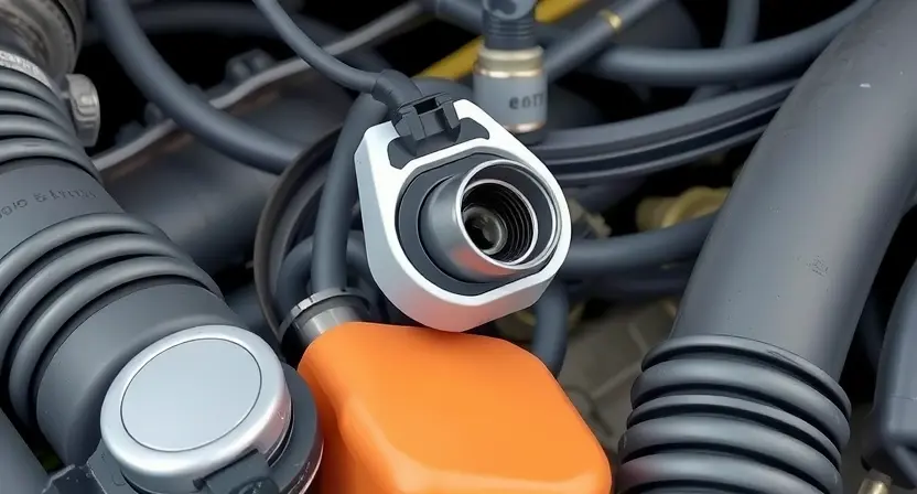 A close-up, detailed illustration of an automotive engine bay. Focus on the oxygen sensor (O2 sensor) and its wiring harness. The sensor should be clearly visible, along with surrounding engine components like hoses and belts. The image should convey a sense of technical precision and diagnostic inspection.