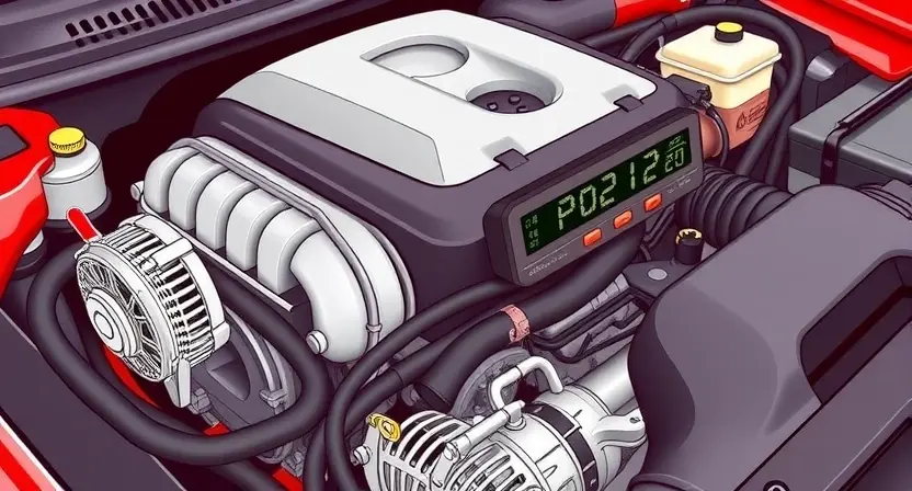 A detailed illustration of a car's engine bay with a diagnostic code reader displaying 'P0212'. The engine should be partially visible, showcasing key components like the alternator, distributor, and intake manifold. Focus on clarity and technical accuracy.