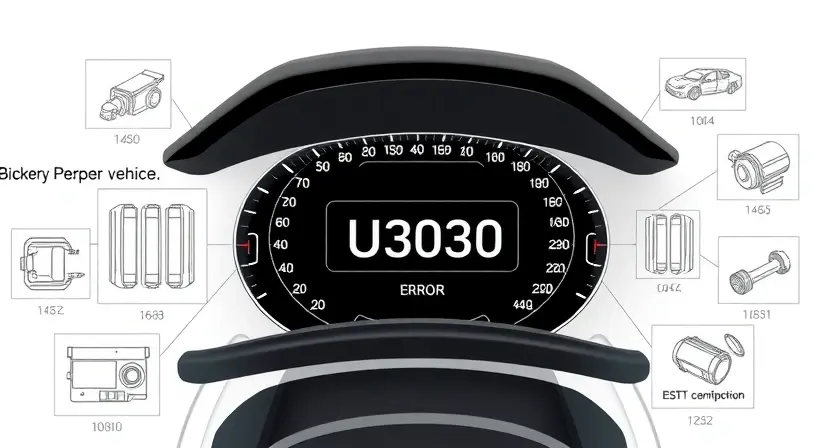 A high-quality technical illustration showing an electric vehicle dashboard with a prominent error code U3030 displayed on a warning screen, surrounded by schematic diagrams of battery and motor components, clean white background, professional lighting, no text or numbers on the image