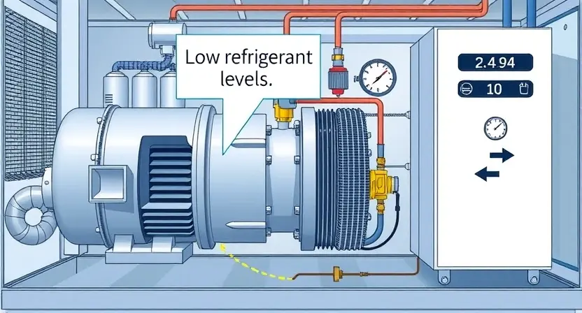 A detailed illustration of a refrigeration system with a visual representation of refrigerant levels. Show a close-up of the compressor, condenser, evaporator, and expansion valve. Highlight the low refrigerant level with a visual indicator (e.g., a gauge showing a low reading, a visual representation of a leak). Include schematic lines connecting the components. The background should be a clean, technical environment.