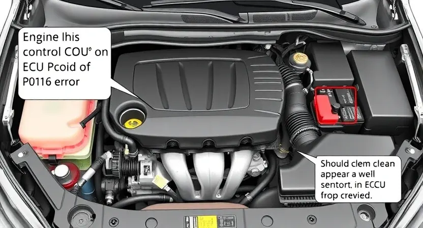 A detailed illustration of a car's engine bay with a focus on the engine control unit (ECU) and related sensors. Highlight the areas potentially involved in a P0116 error. The engine should appear clean and well-maintained.
