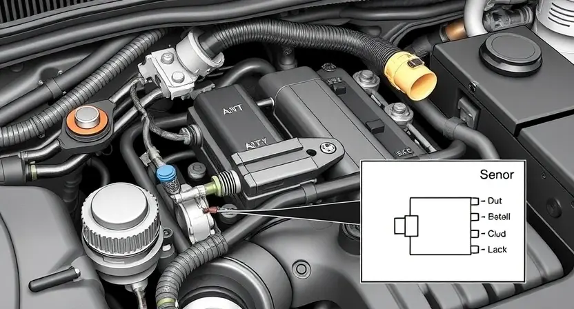 A detailed illustration of a vehicle's engine bay, specifically highlighting the crankshaft position sensor and its wiring harness. The sensor should be clearly visible, along with the associated circuit board and connectors. Include a schematic diagram overlaid on the image, showing the sensor's connection to the engine control unit (ECU).