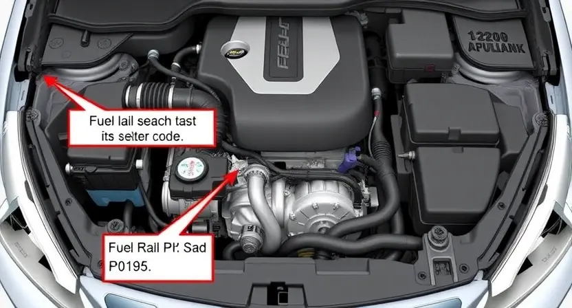 A detailed illustration of a car engine bay with the engine prominently displayed. Focus on the fuel rail and associated components, highlighting the P0195 error code indicator. Include visual cues representing the engine's fuel system and potential issues.