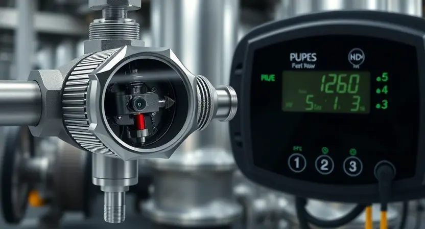 A close-up, detailed illustration of a pressure monitoring system component, specifically focusing on a sensor and its connection to a control unit. The sensor should be sleek and modern in design, with visible internal mechanisms suggesting accurate pressure measurement. The control unit should be clean and well-organized, displaying a digital readout of pressure values. The background should be a blurred representation of an industrial setting, hinting at a system in operation. Focus on convey