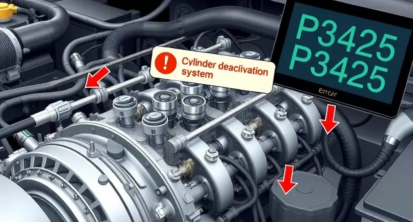 A detailed technical illustration of a car engine with a focus on the cylinder deactivation system, showing components like solenoids, oil pressure valves, and piston rods, with a highlighted error code P3425 displayed on a digital dashboard screen in the background, emphasizing mechanical and electronic fault diagnosis context