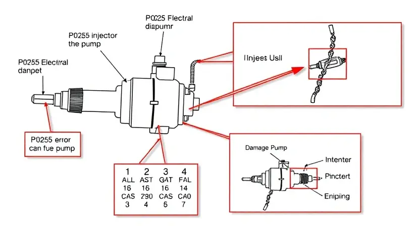 A detailed schematic diagram of a fuel injector and its associated components, illustrating the P0255 error code and potential damage to the pump. Include visual representations of the fuel delivery system and the injector's electrical connections.
