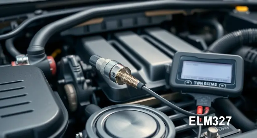 A detailed illustration of a car engine bay with a focus on the oxygen sensor. The sensor should be clearly visible, connected to wiring and a diagnostic tool (ELM327). The background should be slightly blurred to emphasize the sensor. The overall lighting should be bright and realistic.