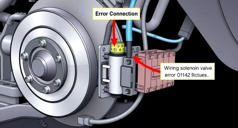 A high-quality technical illustration showing an automotive anti-lock braking system (ABS) with a focus on the solenoid valve of the rear wheel brake circuit, highlighting the wiring and connector area where error C0142 occurs, with clear labels and arrows indicating the fault path, clean and detailed engineering diagram style