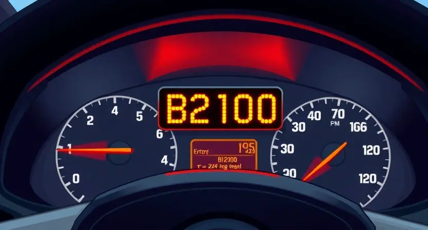 A detailed illustration of a car's dashboard with a prominent error message display showing 'B2100'. The dashboard should be well-lit and show various gauges and controls. Focus on the error message and its surrounding context.