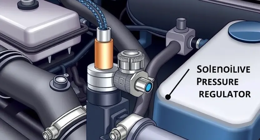 A detailed illustration of a car's engine bay, focusing on the solenoid valve and its connection to the fuel pressure regulator. The image should clearly show the solenoid, wiring, and the fuel pressure regulator. Use realistic lighting and textures to depict the metal components.