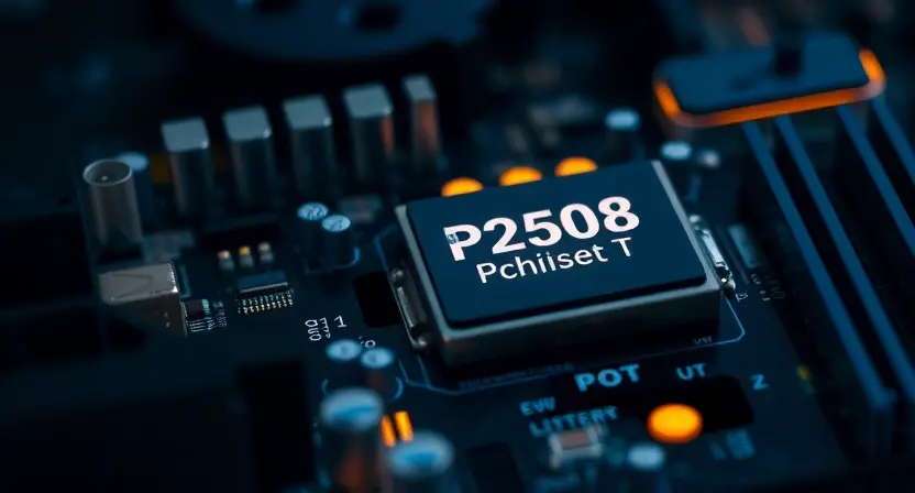 A close-up, detailed illustration of a computer motherboard with a highlighted error code P2508. Focus on the components related to power delivery and the chipset. Subtle glowing lines indicate data flow. The background is dark and slightly blurred to emphasize the motherboard.