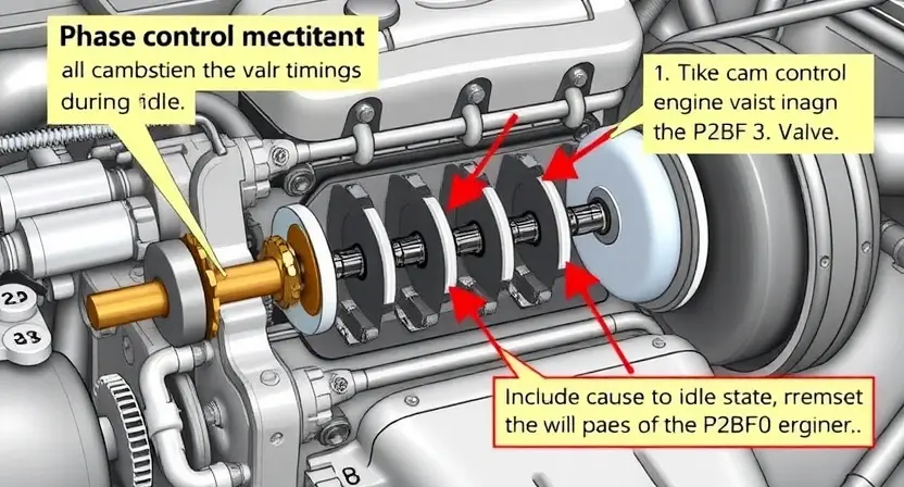A detailed illustration of a car engine with a focus on the camshaft and valve train. The image should depict the phase control mechanism during idle, highlighting the adjustment of valve timing. Include visual cues representing the engine's idle state and the potential cause of the P2BF0 error.