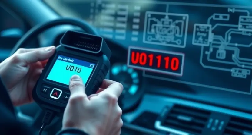 A modern automotive diagnostic scenario showing a mechanic using a handheld OBD-II scanner connected to a car's dashboard port, with a close-up view of the scanner screen displaying the error code 'U0110' in red, surrounded by subtle digital data streams and wiring diagrams of the vehicle's drive unit control module in the background, all rendered in a clean, technical, high-detail style with soft blue and gray tones emphasizing precision and troubleshooting