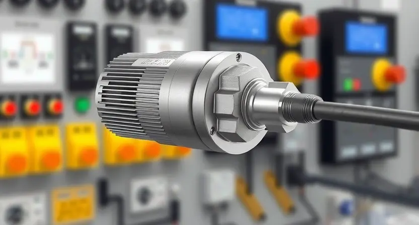 A close-up, detailed illustration of a differential pressure sensor, highlighting its key components and connections. The sensor should be depicted in a clean, technical style, possibly with subtle color coding to differentiate parts. Background should be a blurred representation of a control system or industrial equipment. Focus on the sensor's physical form and how it might be integrated into a system.