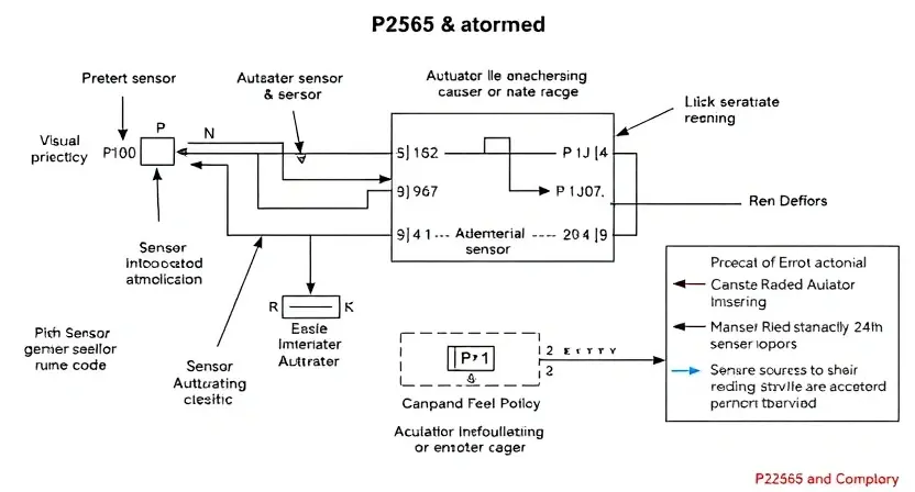 A detailed schematic diagram of a P2565 error code, illustrating the sensor and actuator involved. The diagram should show the components, connections, and potential causes of the error. Include visual representations of sensor readings and actuator behavior.