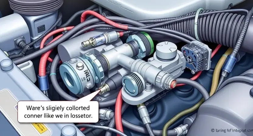 A detailed illustration of an engine bay with a focus on the fuel injector circuit. Show a close-up of the fuel injector, wiring harness, and associated sensors. Include visual cues representing potential issues like a slightly corroded connector or a loose wire. The background should be slightly blurred to emphasize the engine components.