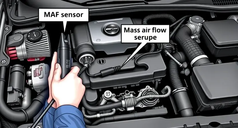 A detailed illustration of a car's engine bay, focusing on the Mass Air Flow (MAF) sensor and its surrounding components. Show a mechanic inspecting the MAF sensor with diagnostic tools. Include visual cues representing air intake and exhaust systems. The overall image should convey a sense of technical examination and automotive repair.