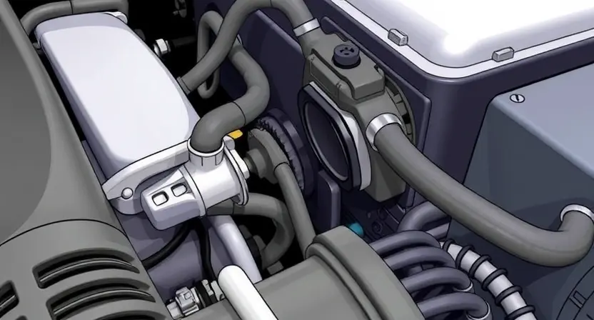 A close-up, detailed illustration of an engine bay with a focus on the Intake Air Temperature (IAT) sensor. The sensor should be clearly visible, along with nearby hoses and wiring. The overall scene should convey a sense of automotive mechanics and diagnostics. The lighting should be bright and even, highlighting the components.