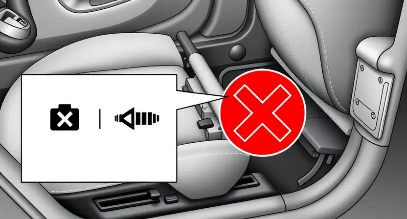 A detailed technical illustration of a car seat position sensor circuit, showing wiring, connectors, and the sensor mechanism under the seat, with a red 'X' or warning symbol overlaid to indicate a fault, in a clean automotive diagnostic style, no text or labels visible